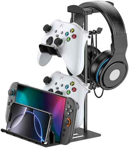 KDD Headphone Stand, Controller Holder & Headset Holder for Desk, Earphone Stand with Aluminum Supporting Bar, Universal Storage Organizer Headphones/Controller/Switch/Mobile Phone by KDD