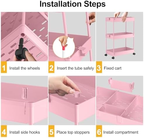 3 Tier Rolling Cart with Wheels, Storage Craft Art Trolley Organizer Serving, 3 Hanging Baskets Easy Assembly, for Office, Living Room, Kitchen, Pink - Image 2