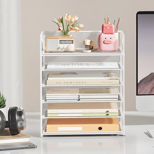 6 Tier Paper Organizer for Desk with Handle, Metal Mesh Desk Office File Folder Paper Letter Tray Accessories Organizer Sorter for Home, School, Office Desktop Document Organization - White - Image 3