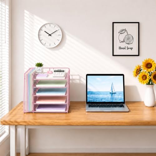 Desk Organizer, 5-Tier Paper Organizer Letter Tray, Pink - Image 6