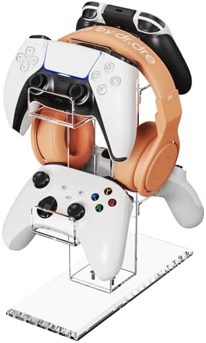 Acrylic Controller Stand, 3-Tier Headphone and Game Controller Holder with 5 Slots, Clear Desk Organizer for Xbox, PS5, PS4, Switch and More by Crpich