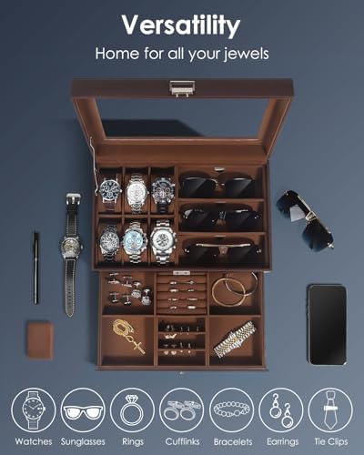 Mens Jewelry Box Organizer, 6 Watch Slots & 3 Sunglasses -Brown - Image 4