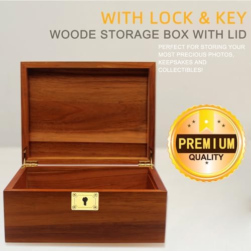 Wooden Box Decorative Large Acacia Wooden Storage Box with Hinged Lid and Locking Key Premium Keepsake Stash Box Lockable Chest for Keepsakes, Valuables, Accessories, Treasured Items(Lock No Grid) - Image 3