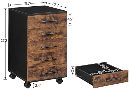 HOOBRO 5-Drawer File Cabinet, Office Filing Cabinet with Drawers, Wooden Mobile Storage Cabinet with Wheels, for Makeup, Home Office, Easy Assembly, Rustic Brown BF05WJ01G1 - Image 3