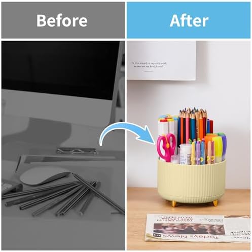 Marbrasse Desk Organizer, 360-Degree Rotating Pen Holder, Desk Organizers and Accessories with 5 Compartments Pencil Holder, Art Supply Storage Box Caddy for Office, Home (Yellow) - Image 7