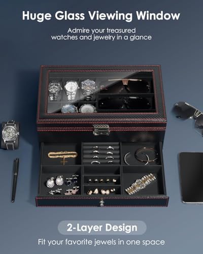 Mens Jewelry Box Organizer, 6 Watch Slots & 3 Sunglasses -Black - Image 2