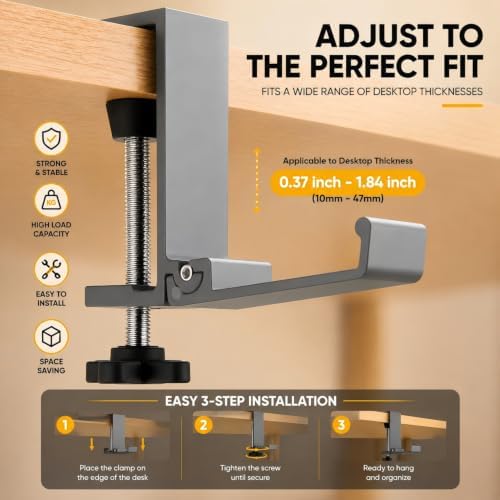 JAKO Headphone Stand for Desk, Aluminum Alloy Foldable Headphone Holder - Headset Stand Hook Mount, PC Gaming Headset Holder Under Desk Clamp for Office, Computer, Student Class Table, Handmade Table - Image 5
