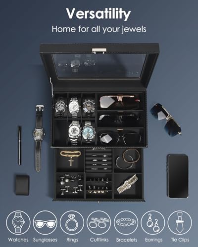 Mens Jewelry Box Organizer, 6 Watch Slots & 3 Sunglasses -All Black - Image 4