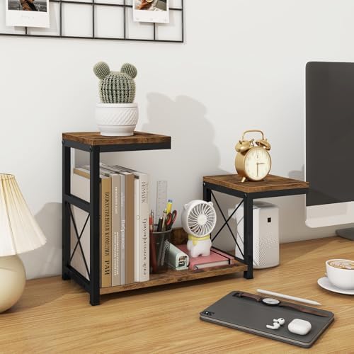 Desktop Shelf Organizer, 3 Tier Office Shelves, Wood Desk Organizers Storage Rack and Freestanding Display Shelf for Office, Dormitory, Home, Rustic Brown - Image 4