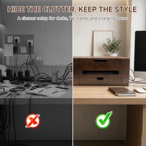 Cable Management Box with Storage Drawer, Wooden Cord Organizer Box - Image 5
