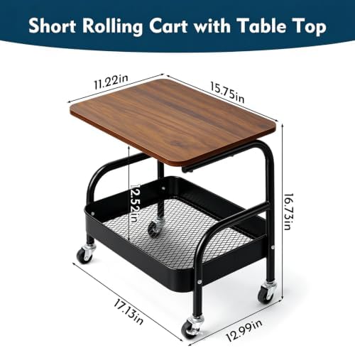 2 Tier Pantry Floor Organizer Short Utility Cart with Wheels Under Desk Storage, Metal Kitchen Storage with Table Top Small Printer Stand, Large Capacity Snack Craft Shelf Black Bedside Cart - Image 5