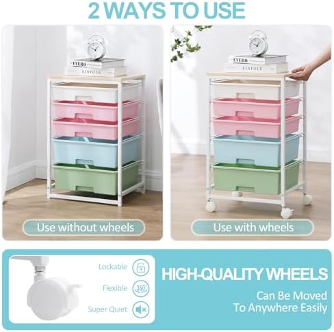 Utility Cart with 5 Drawers with Wooden Top, Rainbow - Image 6