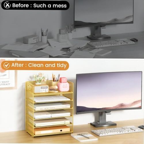 6 Tier Paper Organizer with Handle,Construction Teacher Desk Decor,Gold - Image 3