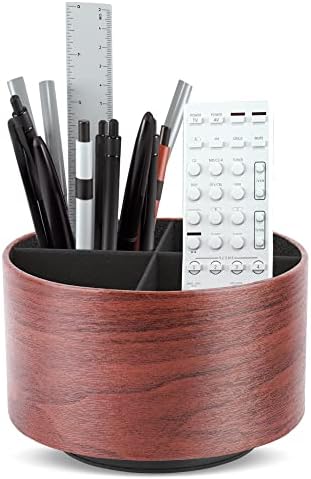 Round Leather Art Supply Organizer,Remote Control Holder,360 Degree Spinning,Multi-Functional Pencil Holder,4 Compartments Desktop Stationary Organizer(1-Light Brown2) by Hennaja