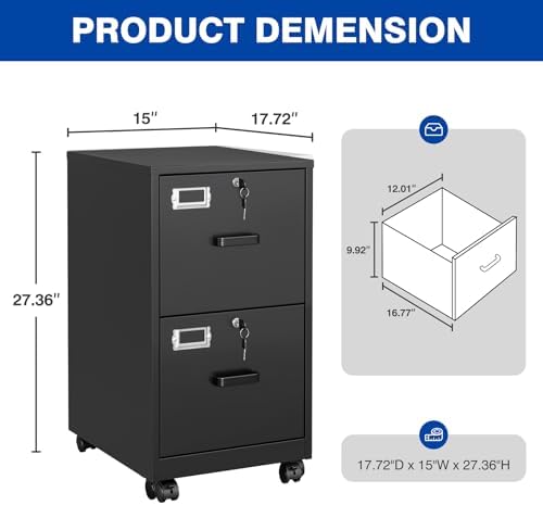 2 Drawers File Cabinet with Lock Metal Vertical File Cabient with Wheels Mobile File Cabinet for Office Home Legal/Letter/a4 Size Require Assembly - Image 3