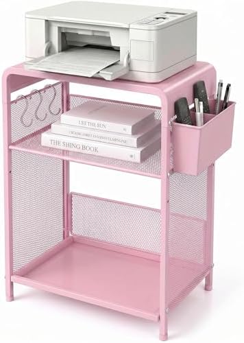 Small 3 Tier Printer Stand for Under Desk, Height Adjustable Shelf Printer Table with 3 S-Hooks & Basket, Heavy Duty Industrial Storage Shelf for Home Office (Pink) by ECOLOVI