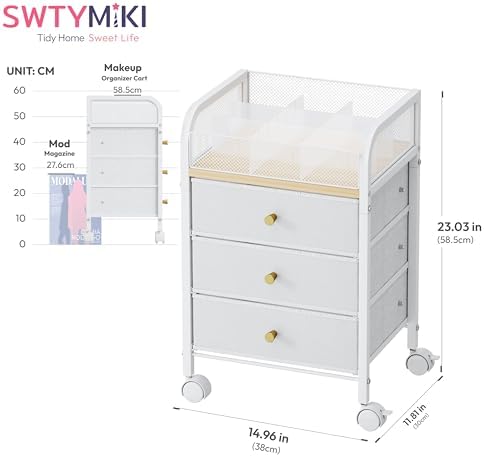 Rolling Makeup Organizer Cart - 14.96″*11.81″*23.03″ Widened Under Desk Vanity Storage with 3 Non-woven Drawers, Cosmetic Display Cases for Skin Care Perfume Nail Polish Brush Hair Tool White - Image 2