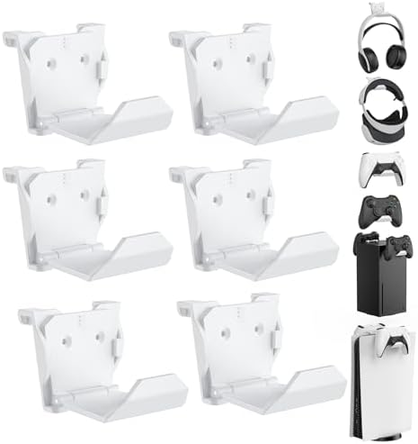 KUNSLUCK 6 Pack Controller Wall Mount for PS5, Xbox, Switch Controller, Wall Mount Stand for Controller&Headset, Adhesive/Screws Installation (White) by KUNSLUCK
