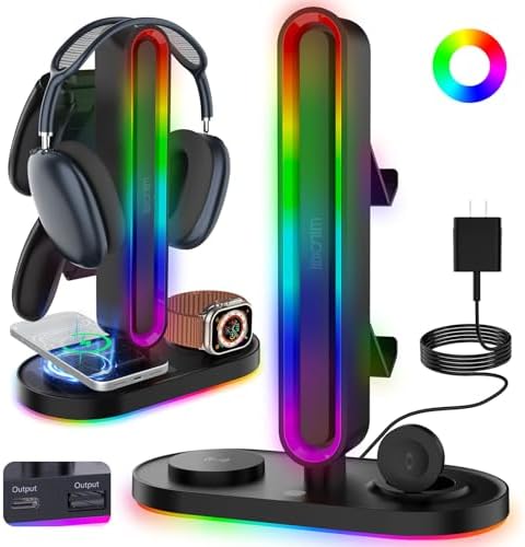 RGB Headset Stand with Wireless Charger and 2 Controller Storage by miroddi