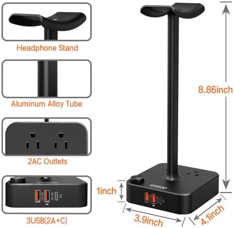 Headphone Stand with Charger for Desk, Gifts for Gamers Men, Black - Image 6