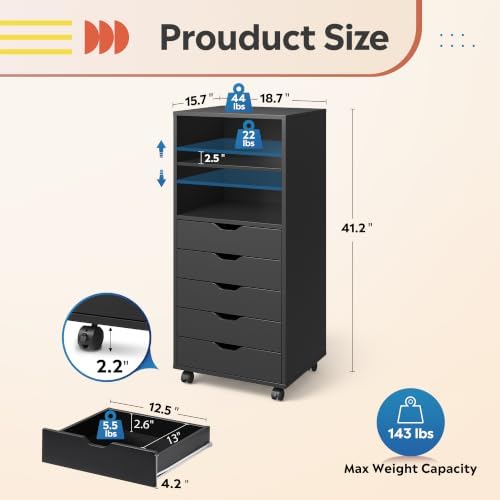 DEVAISE Mobile Drawer Cabinet for Home Office (Black, 15.7"D x 18.7"W x 41.2"H) - Image 3