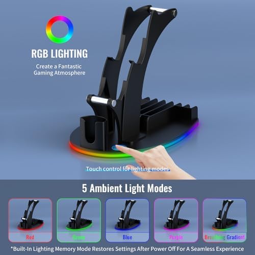 RGB Gaming Controller Holder for Steam Controller 2/ Ps5 / Xbox/Switch, Headphone Stand with 5 RGB Lights Modes, Gaming Organizers and Storage with USB Charging and Type-C (Black) - Image 2