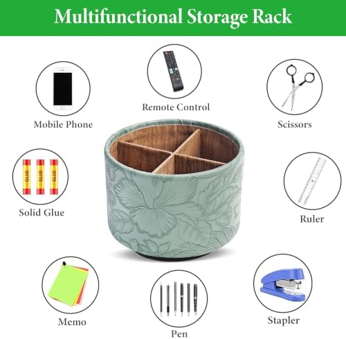 Round Leather Art Supply Organizer,Remote Control Holder,360 Degree Spinning,Multi-Functional Pencil Holder,4 Compartments Desktop Stationary Organizer(1-Wood Green2) - Image 5