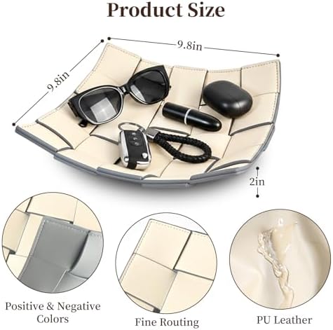 Valet Tray PU Leather Key Holder Bowl for Women and Men Entryway Table Nightstand Desk Tray for Wallet, Keys Men's Gift - Beige & Gray, 9.8" L x 9.8" W x 2" H - Image 2