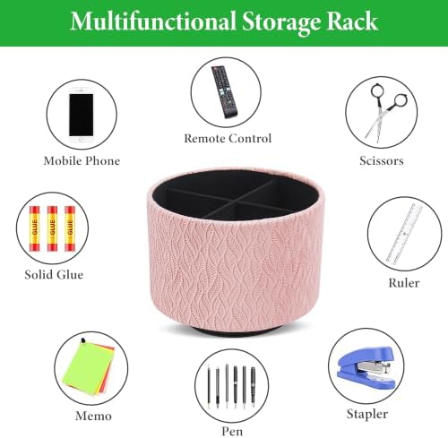 Round Leather Art Supply Organizer,Remote Control Holder,360 Degree Spinning,Multi-Functional Pencil Holder,4 Compartments Desktop Stationary Organizer(1-Leaves Pink) - Image 5