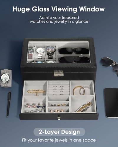 Mens Jewelry Box Organizer, 6 Watch Slots & 3 Sunglasses -Grey - Image 3