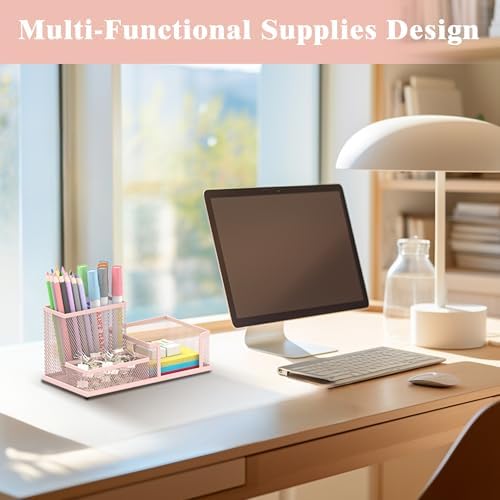 Mesh Pen Holder Desk Organizer, Office Supplies Pencil Storage with 3 Compartments, Office Desk Accessories and Workspace Organizers for Home School Classroom, Pink - Image 6