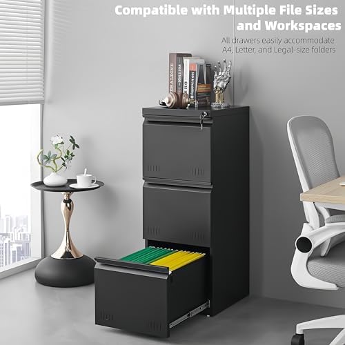Vertical 3 Drawer File Cabient with Lock, Metal Filing Cabinets for Home Office, Heavty Duty Office Storage Cabinet for A4/Letter/Legal (Matte Black) - Image 5