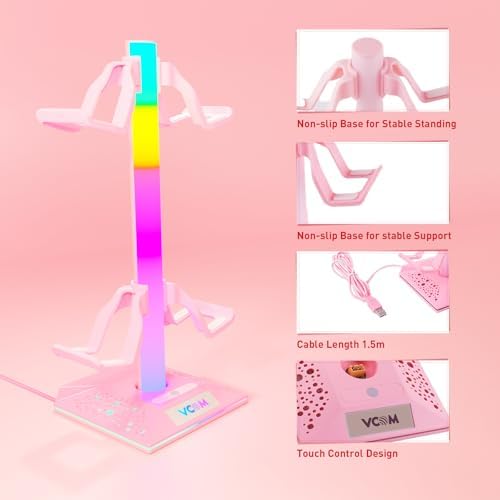 VCOM RGB Gaming Headphones Stand with 2 USB Ports, Pink Headset Stand with 10 Light Modes and Non-Slip Rubber, Suitable for PC Desk Accessories Gamers Gift(Pink) - Image 6
