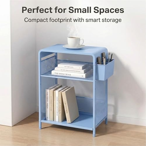 Small 3 Tier Printer Stand for Under Desk, Height Adjustable Shelf Printer Table with 3 S-Hooks & Basket, Heavy Duty Industrial Storage Shelf for Home Office (Blue) - Image 2