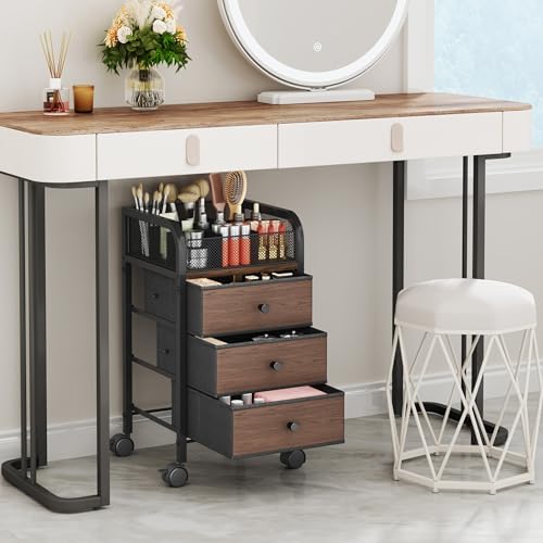 Rolling Makeup Organizer Cart - Under Desk Vanity Makeup Storage with 3 Non-woven Drawers, Nail Cart Organizer Cosmetic Display Cases Cabinet for Skin Care Perfume Nail Polish Brush Hair Tool - Image 3