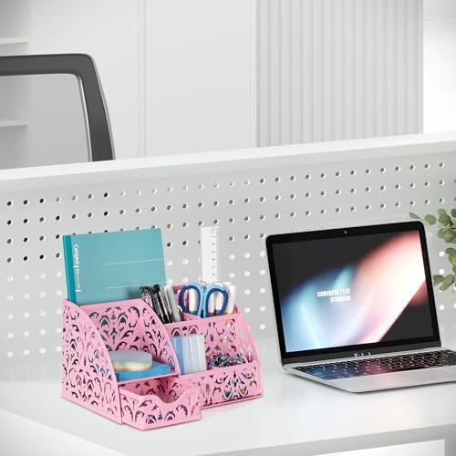 EasyPAG Desk Organizer and Pen Holder for Desk, Mesh Office Supplies Storage Caddy with Drawer for Small Space, Desktop Organizer for Home Office, Pink - Image 5