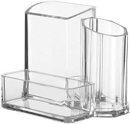 Sooyee Acrylic Desk Supplies Cosmetic Organizer Holder, 3 Compartment Office Desktop Caddy, Multi-function Pen Pencil Cup Phone Remote Control Stationery Storage Box for Home, School, Classroom, Clear - Image 2
