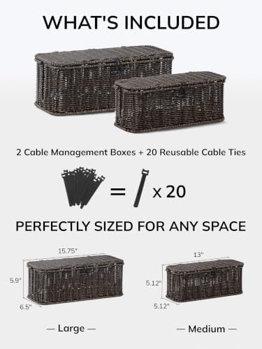 Cable Management Box, Cord Organizer with Lid & Cable Ties - Black Set - Image 2