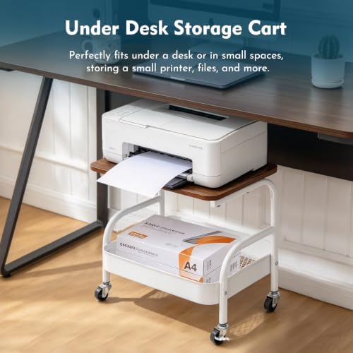 2 Tier Short Rolling Pantry Cart on Wheels Under Desk Storage Metal Utility Cart with Table Top for Kitchen, Small Printer Stand White Snack Shelf Craft Rack Large Capacity Bedside Organizer - Image 3