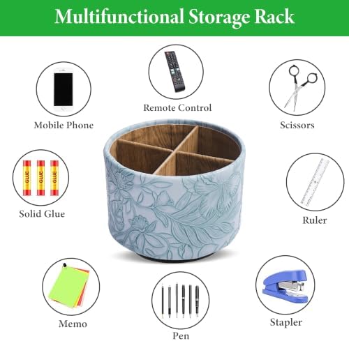 Round Leather Art Supply Organizer,Remote Control Holder,360 Degree Spinning,Multi-Functional Pencil Holder,4 Compartments Desktop Stationary Organizer(1-Wood Blue) - Image 5