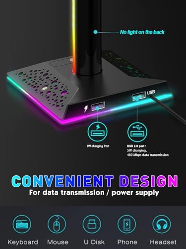 V VCOM RGB Gaming Headphones Stand with 2 USB Ports Headset Stand with 10 Light Modes and Non-Slip Rubber, Suitable for All Earphone Accessories, Best Gift for Husband, Kids, Boyfriend - Image 4
