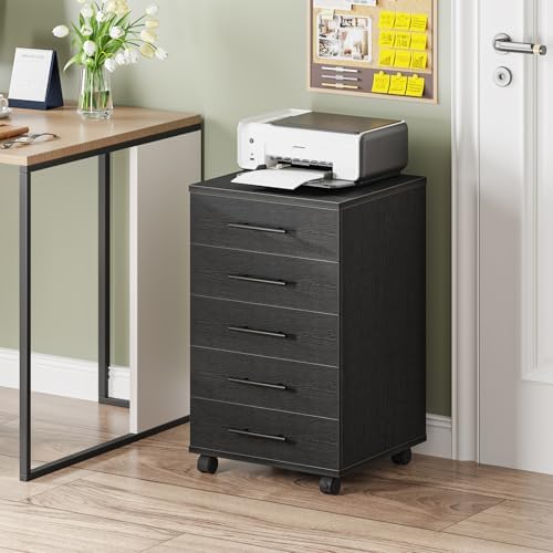 HOOBRO 5-Drawer File Cabinet, Office Cabinet with Drawers, Wooden Storage Cabinet with Wheels for Makeup, Home Office, Study, Easy Assembly, Black BK05WJ01 - Image 2