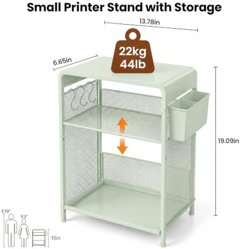 Small 3 Tier Printer Stand for Under Desk, Height Adjustable Shelf Printer Table with 3 S-Hooks & Basket, Heavy Duty Industrial Storage Shelf for Home Office (Sage Green) - Image 4