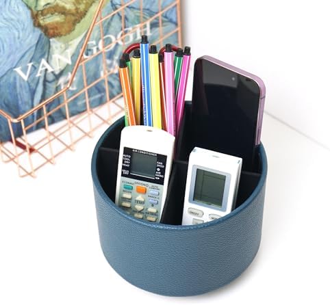 Round Leather Art Supply Organizer,Remote Control Holder,360 Degree Spinning,Multi-Functional Pencil Holder,4 Compartments Desktop Stationary Organizer(1-Lichee Green) - Image 6