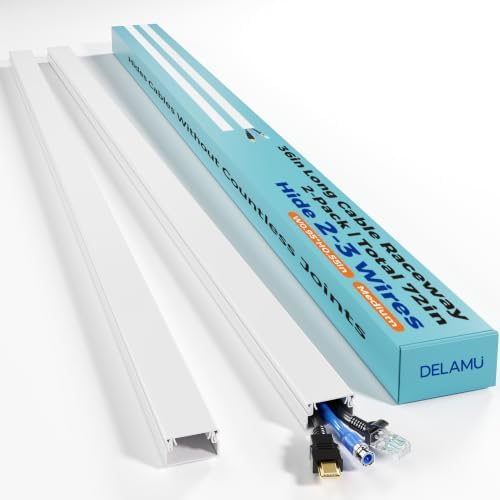 Delamu Cord Hider, 72in Wire Covers for Cords on Wall, Premium Cable Hider Cord Covers for Wires, Cable Management Wire Hiders for TV, Cable Raceway Kit, 2 x L36 W0.95 H0.55in, White by DELAMU
