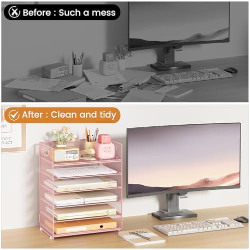 6-Tier Desk Paper Organizer, Desktop File Letter Tray with Handle, Document Sorter and Accessories Holder for Office, Home and School Workspace Organizers, Pink-2 Pack - Image 2