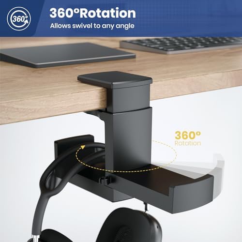 Dual Headphone Stand Holder - EURPMASK 2 in 1 PC Gaming Headset Hooks, 360 Degree Rotating Headphone Hanger with Adjustable Clamp & Cable Clip Organizer, Headset Mount Under Desk Earphone Clamp-Black - Image 3