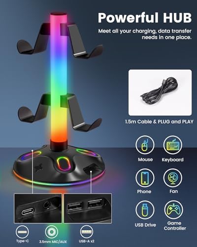 RGB Headphone Stand for Desk, Innovative Headset Stand with 9 Light Modes - Controller Holder with USB Charging and Type-c Port, Gamepad Earphone Accessories (Black) - Image 4