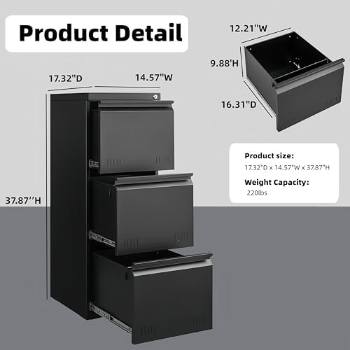 Vertical 3 Drawer File Cabient with Lock, Metal Filing Cabinets for Home Office, Heavty Duty Office Storage Cabinet for A4/Letter/Legal (Matte Black) - Image 2