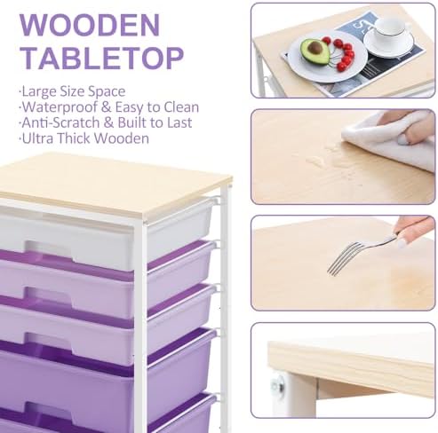 Utility Cart with 5 Drawers with Wooden Top,Purple - Image 6